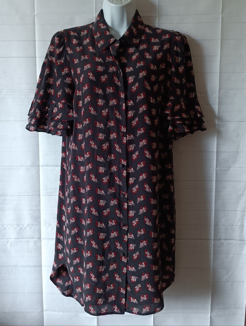 FRAME Silk Floral Ruffle Sleeve Button Front Dress